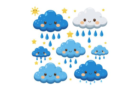 Cute Kawaii Clouds with Rain Drops: A Versatile Design Asset for Modern Creators