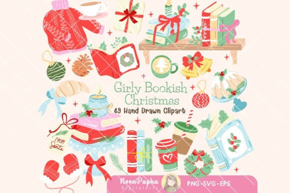 Girly Bookish Christmas Clipart Set PNG