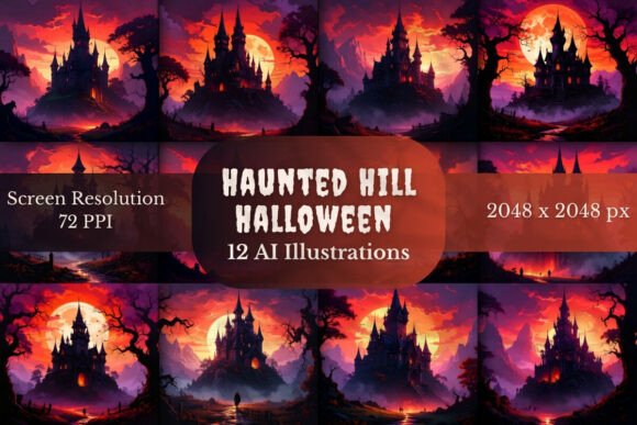 Haunted Hill Halloween Illustrations Set: Elevate Your Spooky Designs