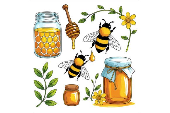 Vector Art of Honey Set with Bees
